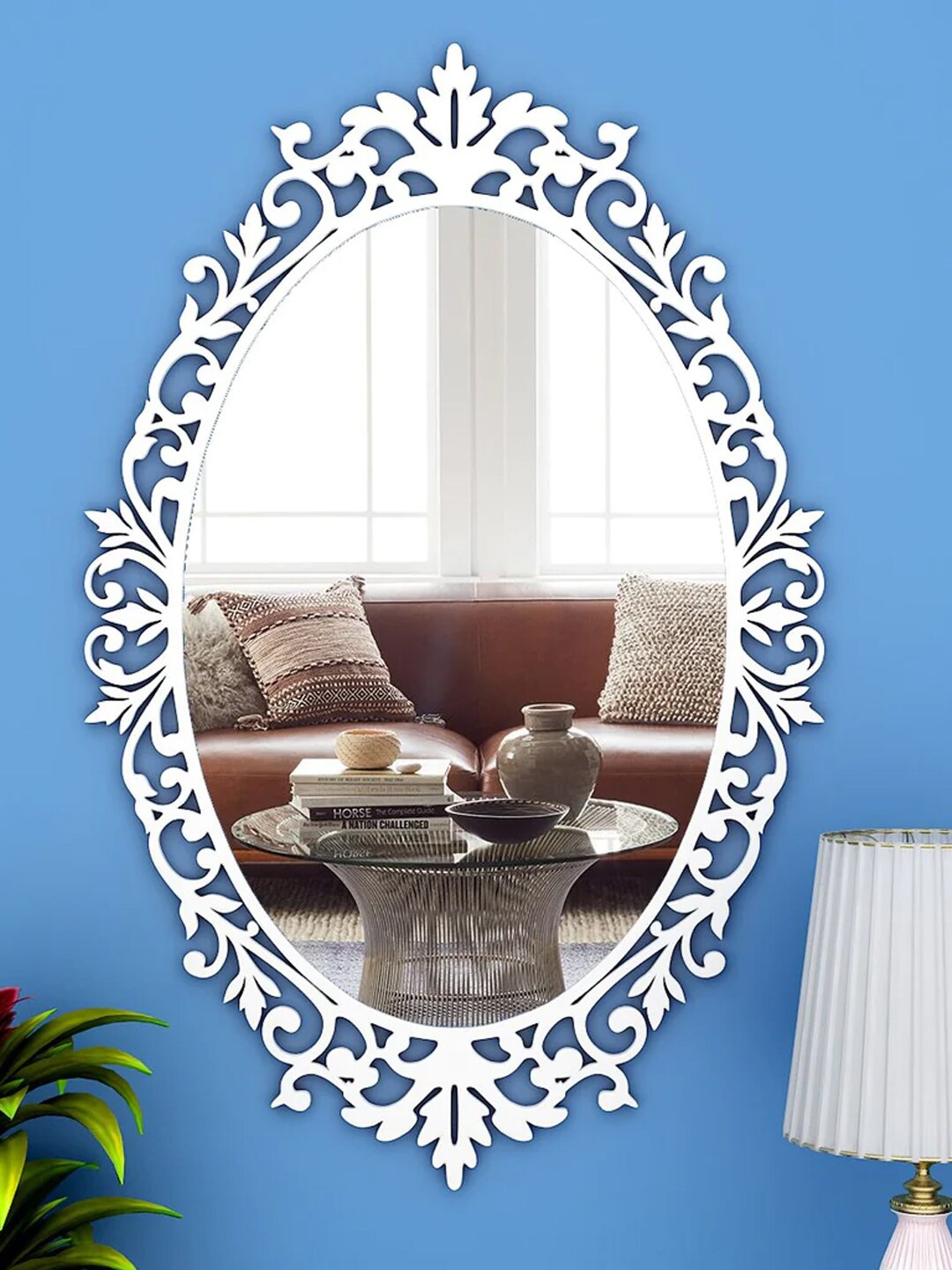 

WALLMANTRA Classic White Laser Cut Bold Motif Design MDF Wooden Framed Oval Vanity Mirror