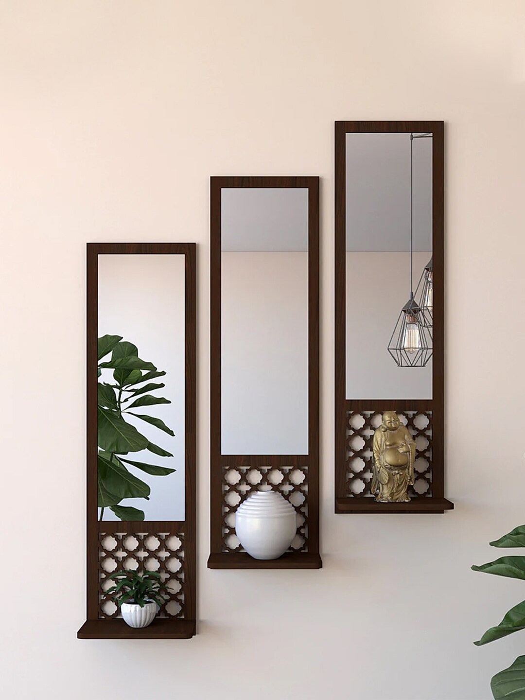 

WALLMANTRA Designer Morrocan 3 Pieces Long Wall Mirrors, Brown