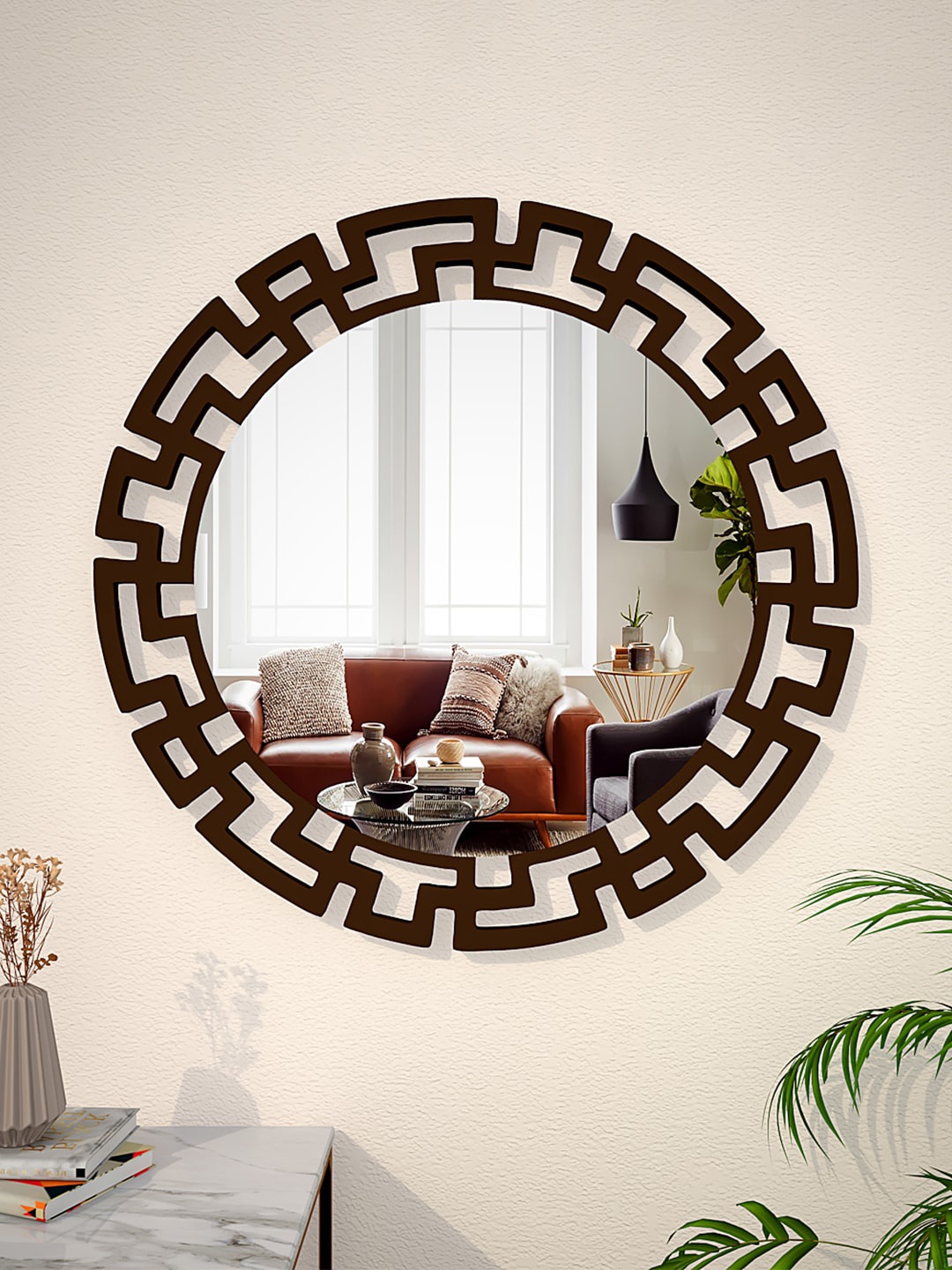 

WALLMANTRA Modern Decorative Brown Round Vanity Mirror