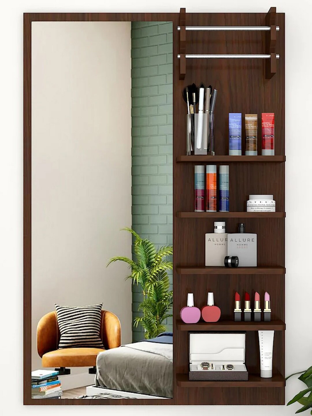 

WALLMANTRA Brown Wooden Walnut Finish Dressing Mirror