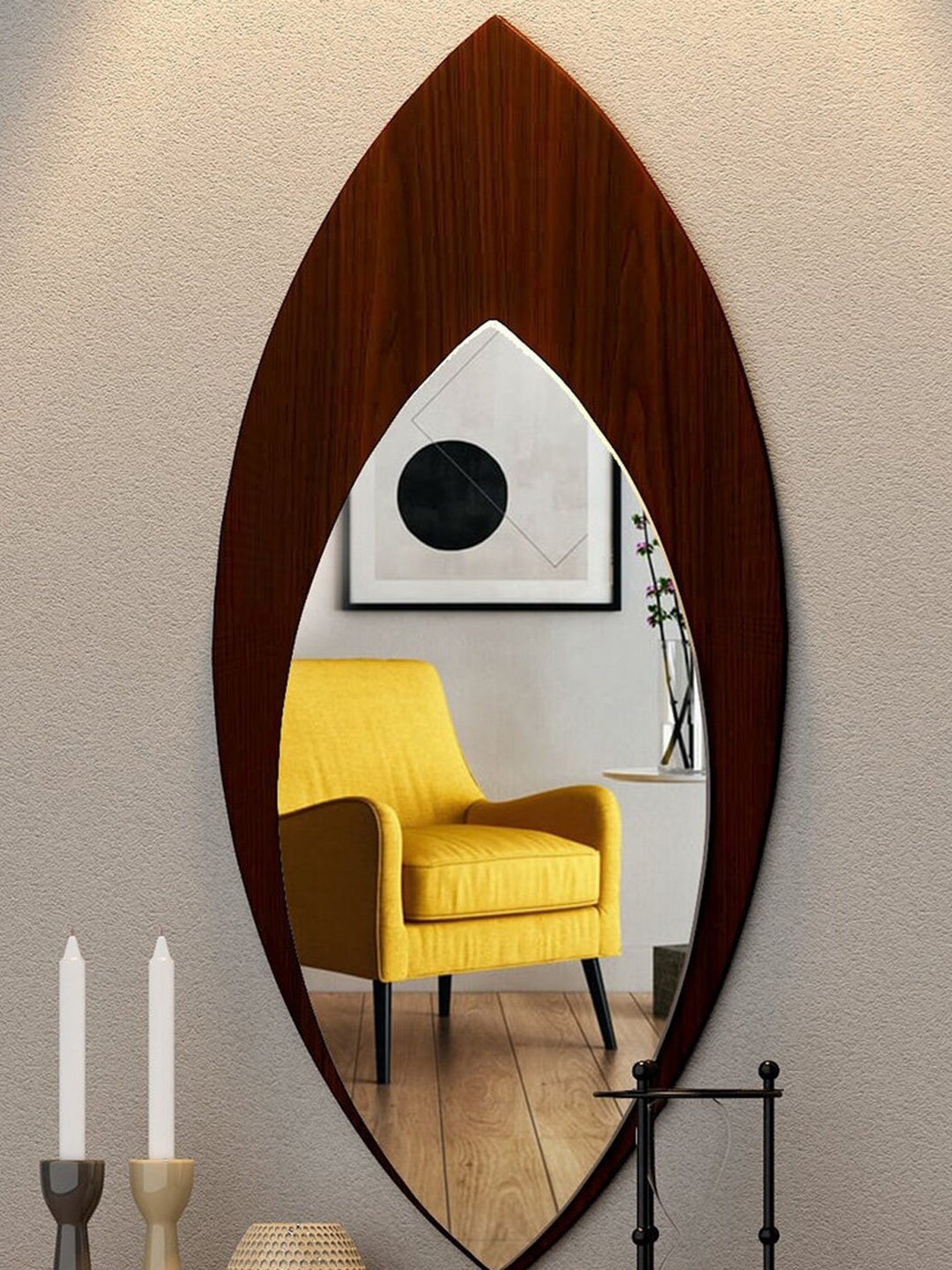 

WALLMANTRA Beautiful Leaf Design Wooden Wall Mirror, Brown