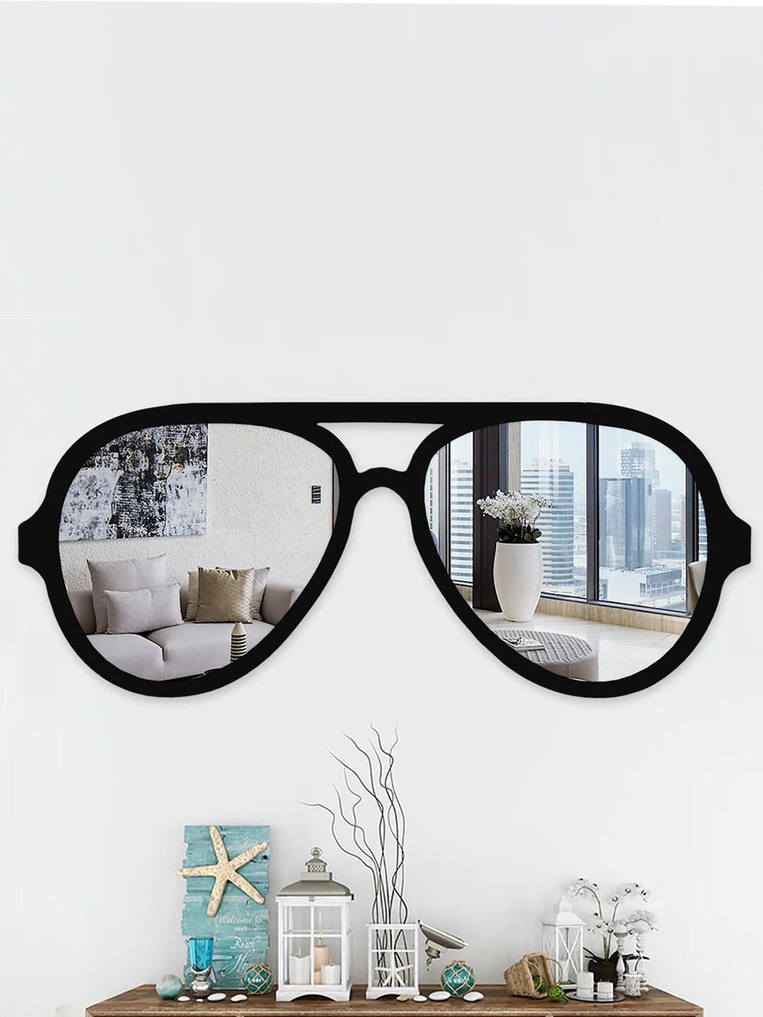 

WALLMANTRA Black Decorative Sunglasses Shape Wall Mirror Finish Frame