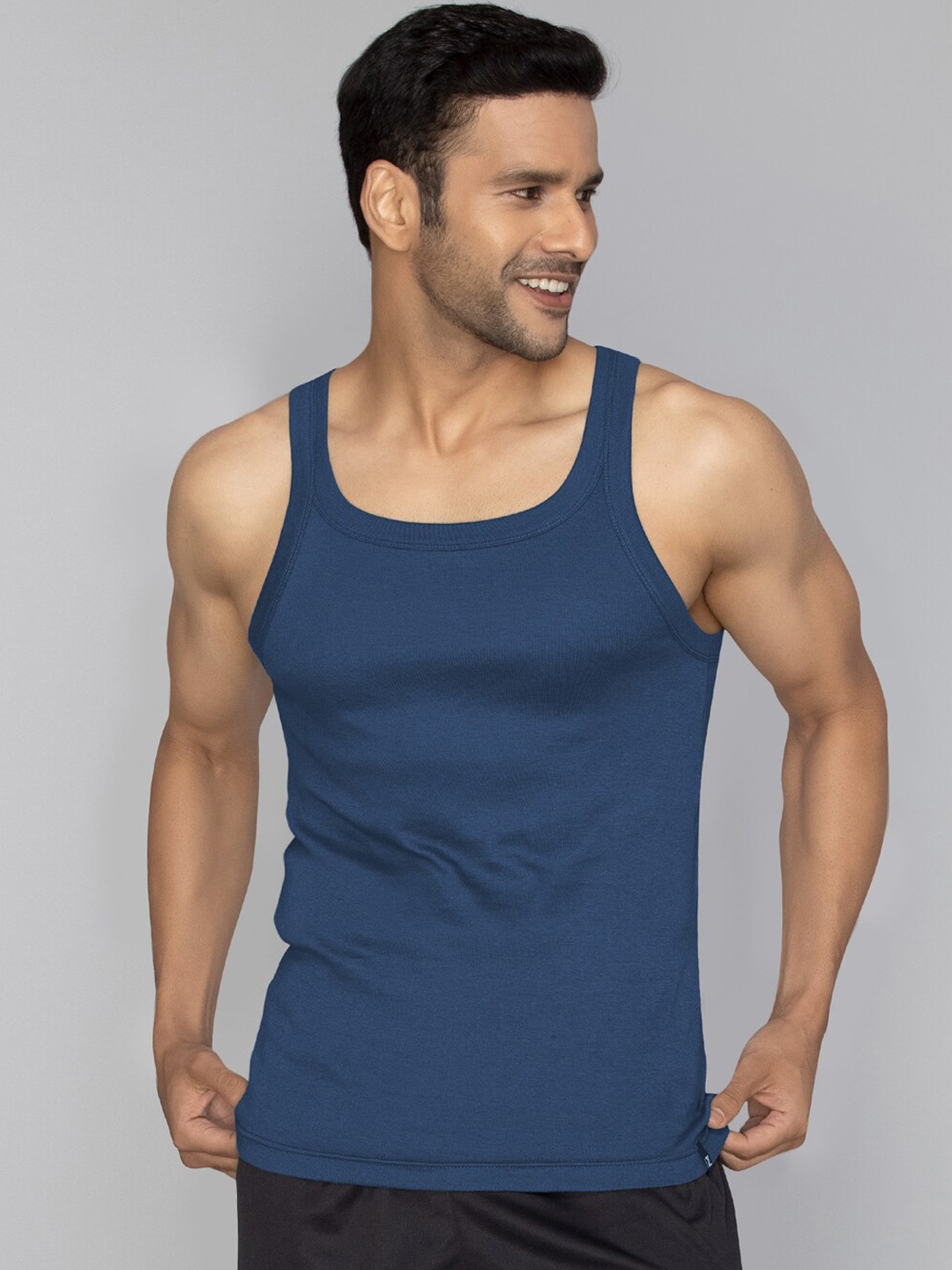 

XYXX Men Solid Pace Super Combed Cotton Navy Blue Square Neck Gym Vest