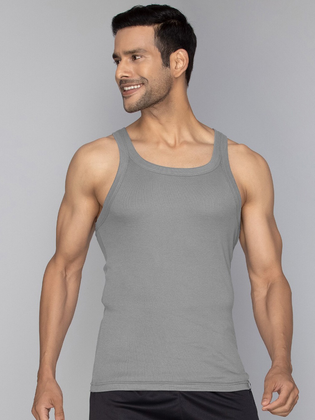 

XYXX Men Solid Pace Super Combed Cotton Grey Square Neck Gym Vest