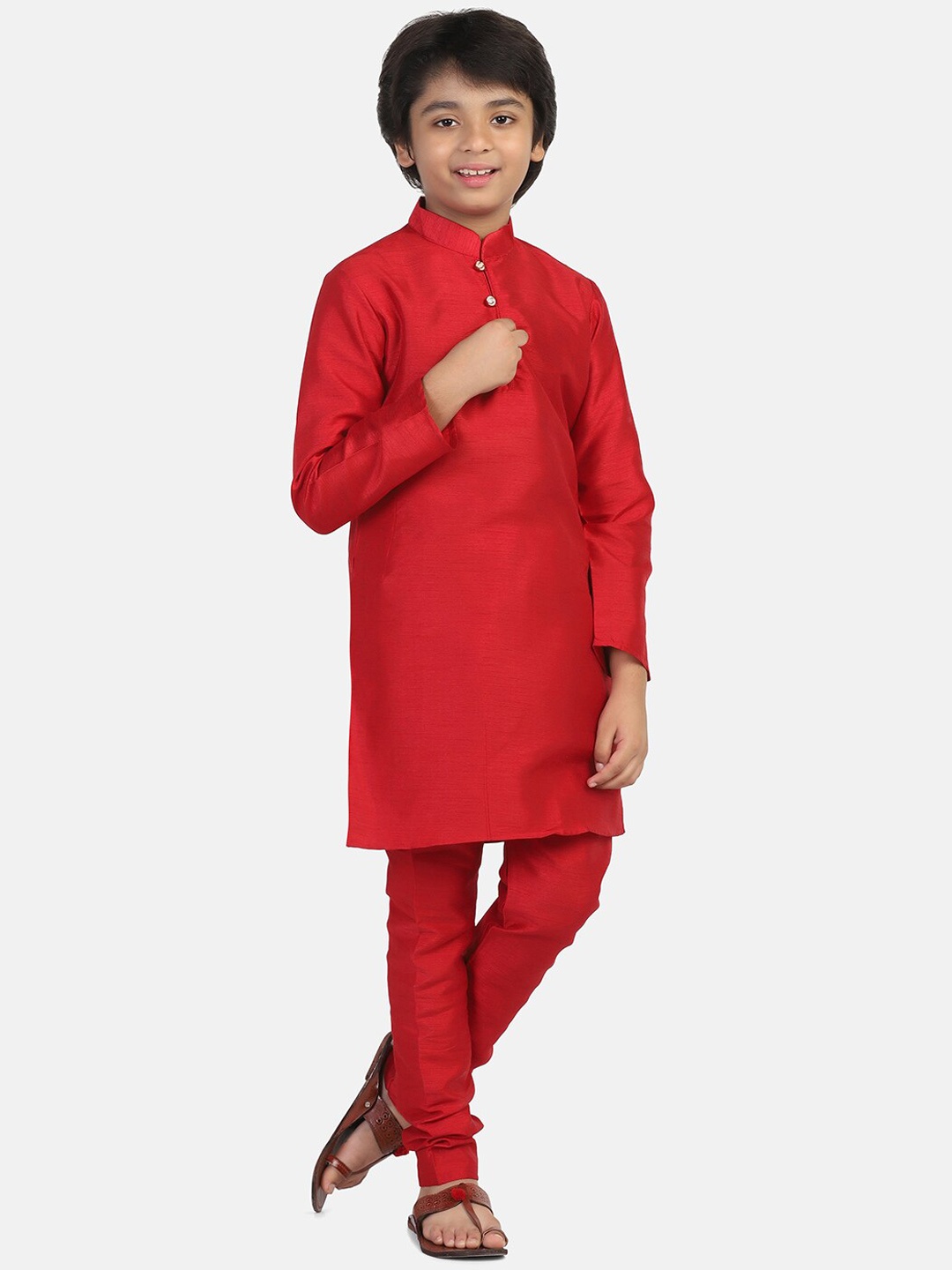 

TAHVO Boys Band Collar Regular Dupion Silk Kurta With Churidar, Red