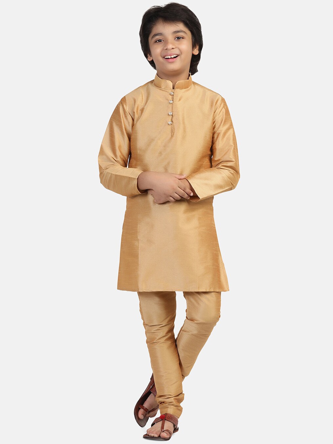 

TAHVO Boys Mandarin Collar Dupion Silk Kurta With Churidar, Gold