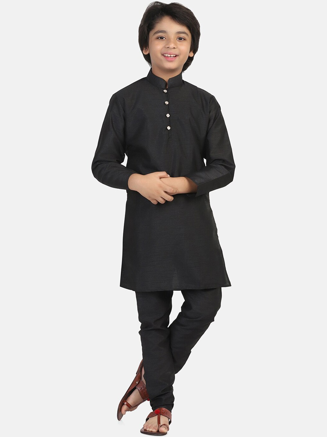 

TAHVO Boys Band Collar Regular Dupion Silk Kurta With Churidar, Black