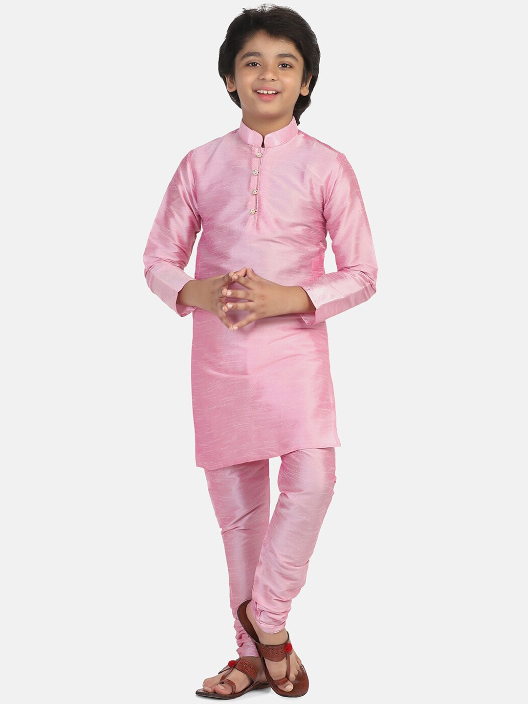 

TAHVO Boys Mandarin Collar Dupion Silk Kurta With Churidar, Pink