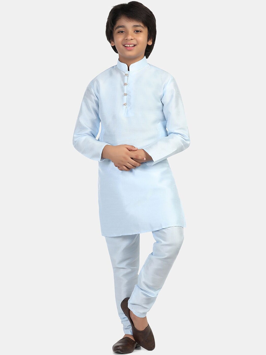 

TAHVO Boys Mandarin Collar Dupion Silk Kurta With Churidar, Blue