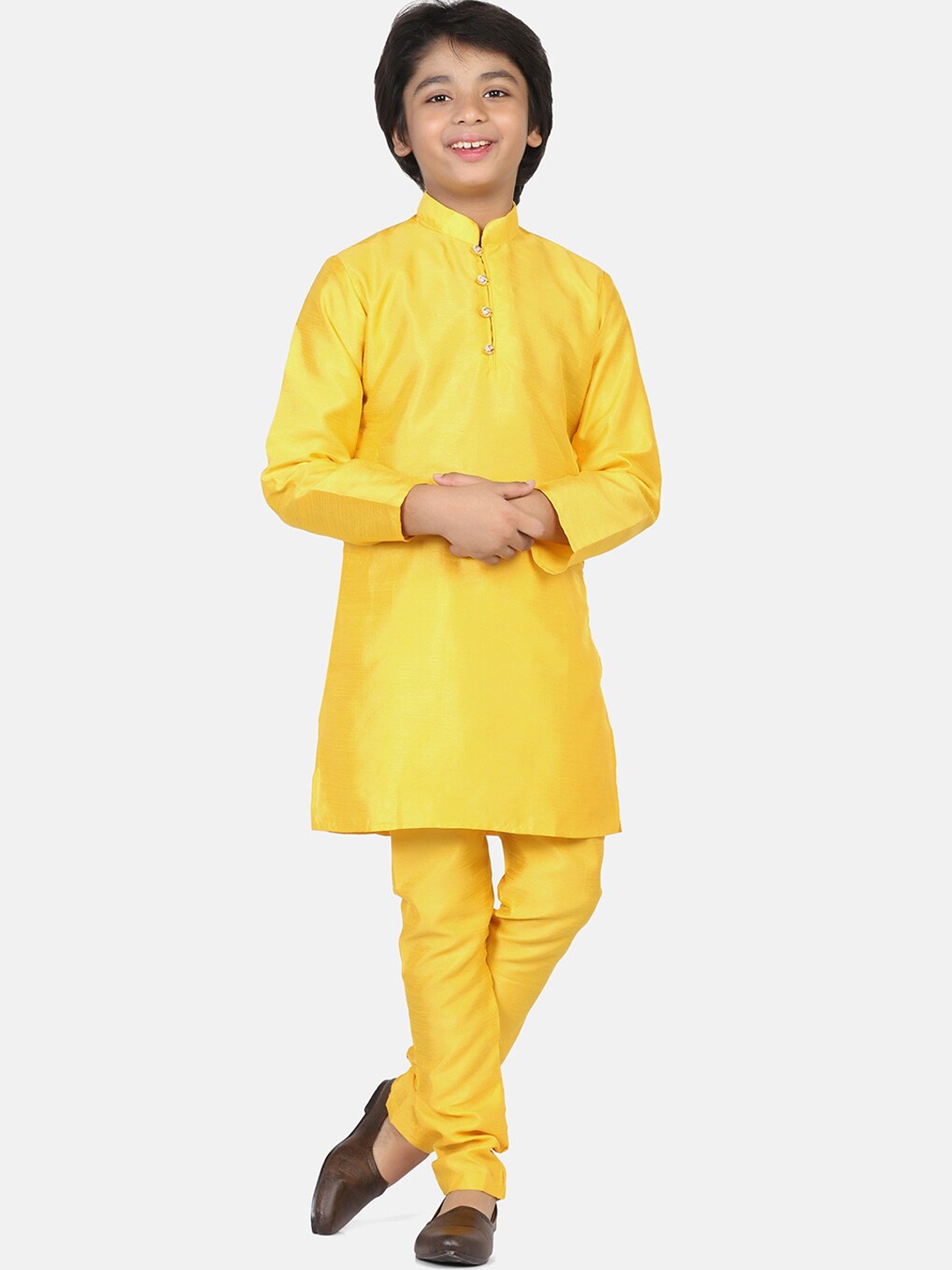 

TAHVO Boys Mandarin Collar Dupion Silk Kurta With Churidar, Yellow