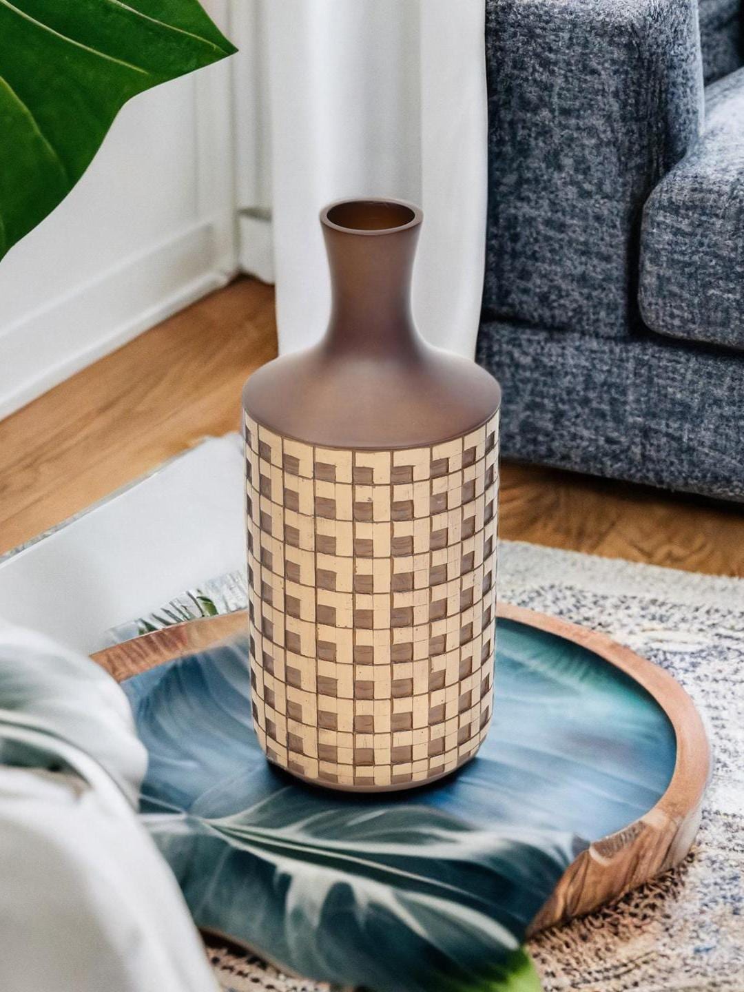 

Athome by Nilkamal Brown & Beige Checked Ceramic Bottle Vase