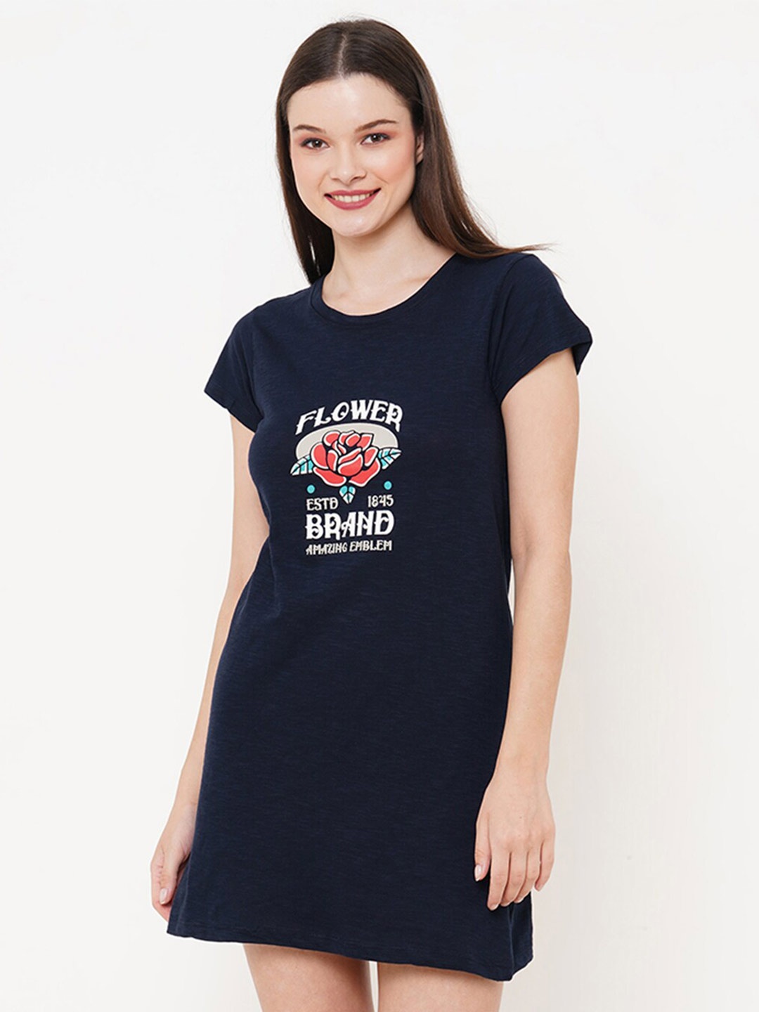 

Inner Sense Graphic Printed Organic Cotton Nightdress, Navy blue