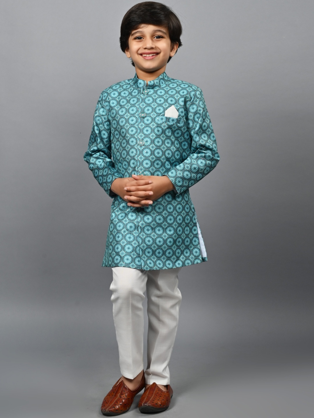 

BAESD Boys Printed Indo-Western Sherwani Set, Turquoise blue