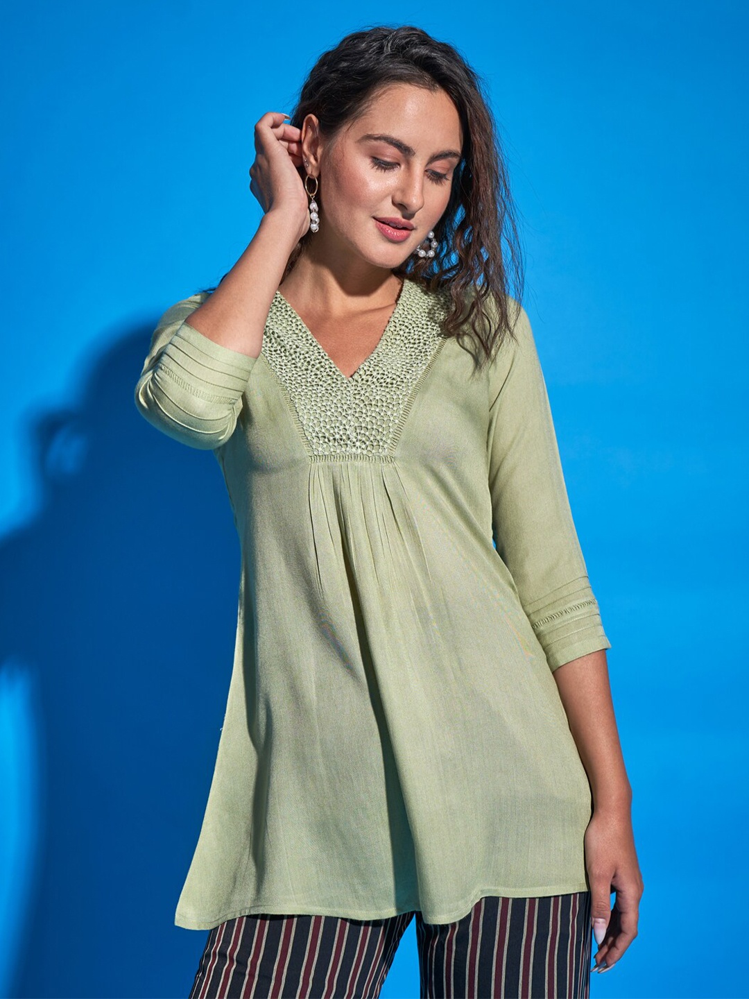 

Sangria Green V-Neck Lace Detail A-Line Tunic