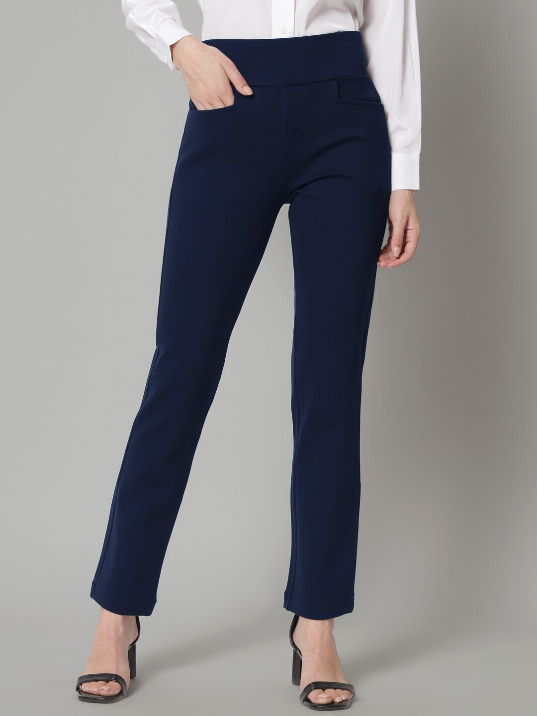 

PowerSutra Women Tailored Skinny Fit High-Rise Easy Wash Trousers, Navy blue