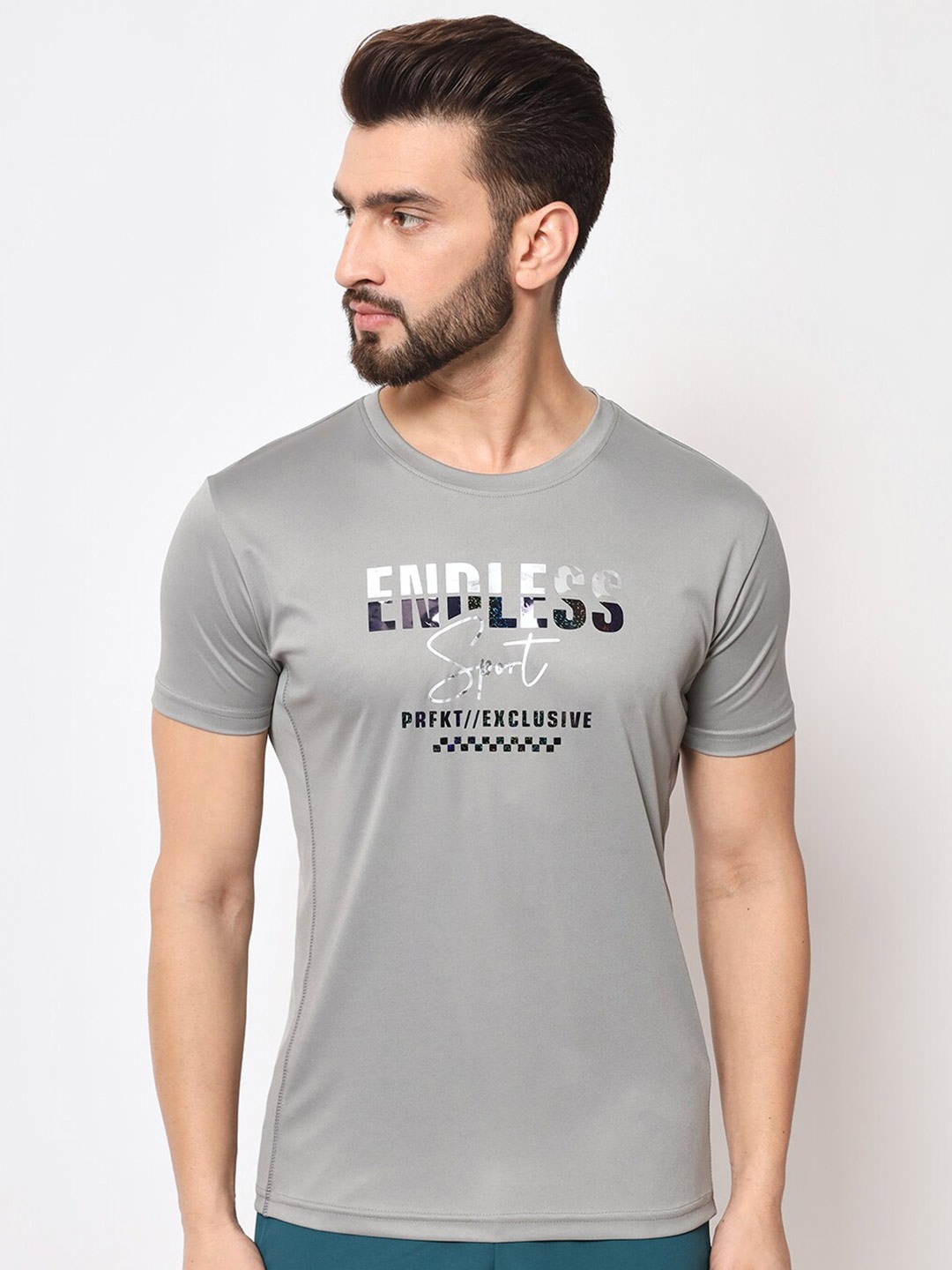 

PERFKT-U Typography Printed Round Neck Rapid-Dry Sports T-Shirt, Grey
