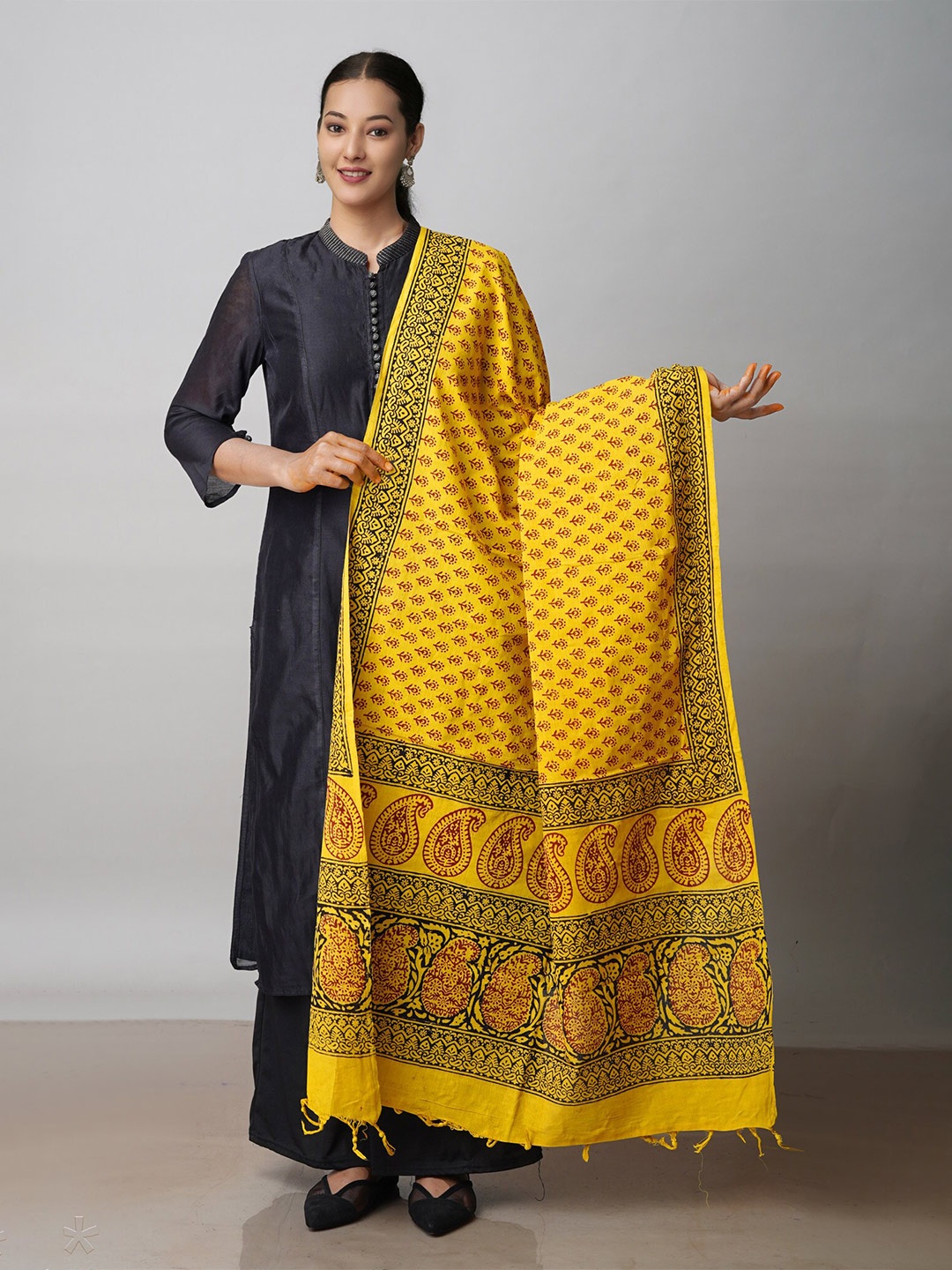 

Unnati Silks Paisley Printed Cotton Dupatta, Yellow