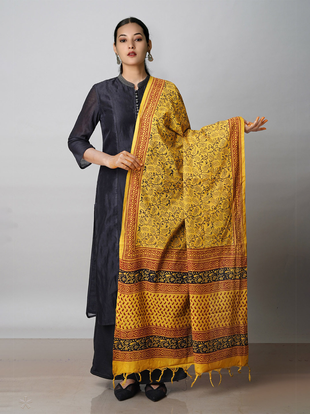 

Unnati Silks Ethnic Motifs Bagh Printed Cotton Dupatta, Mustard