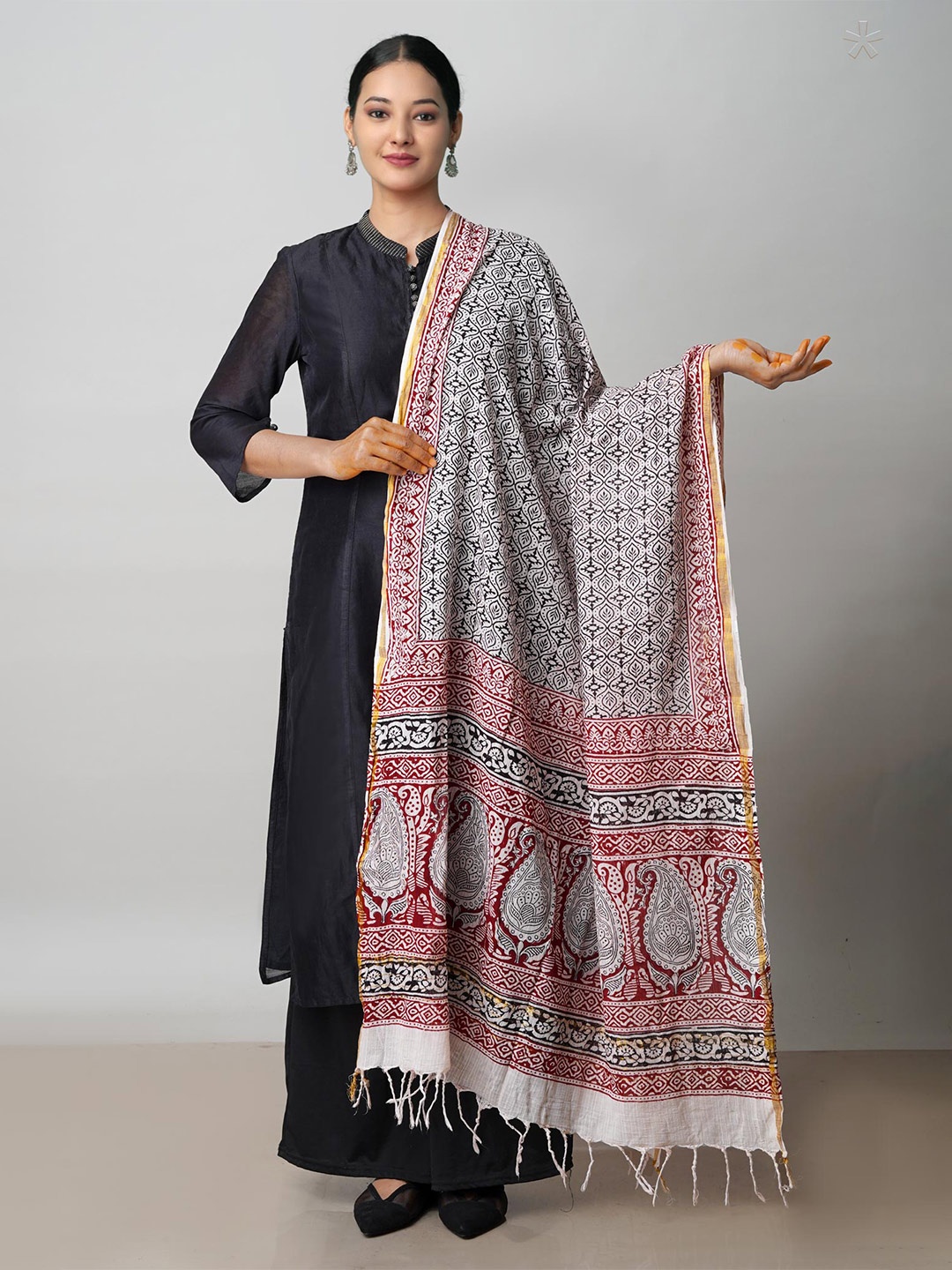 

Unnati Silks Ethnic Motifs Printed Sustainable Tasseled Cotton Dupatta, White