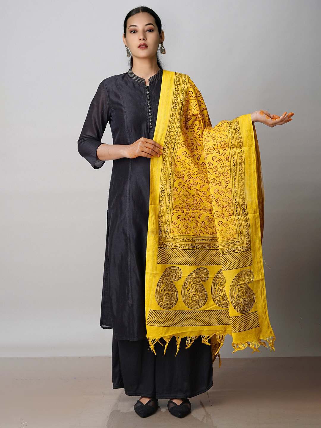 

Unnati Silks Ethnic Motifs Printed Sustainable Tasseled Cotton Dupatta, Yellow