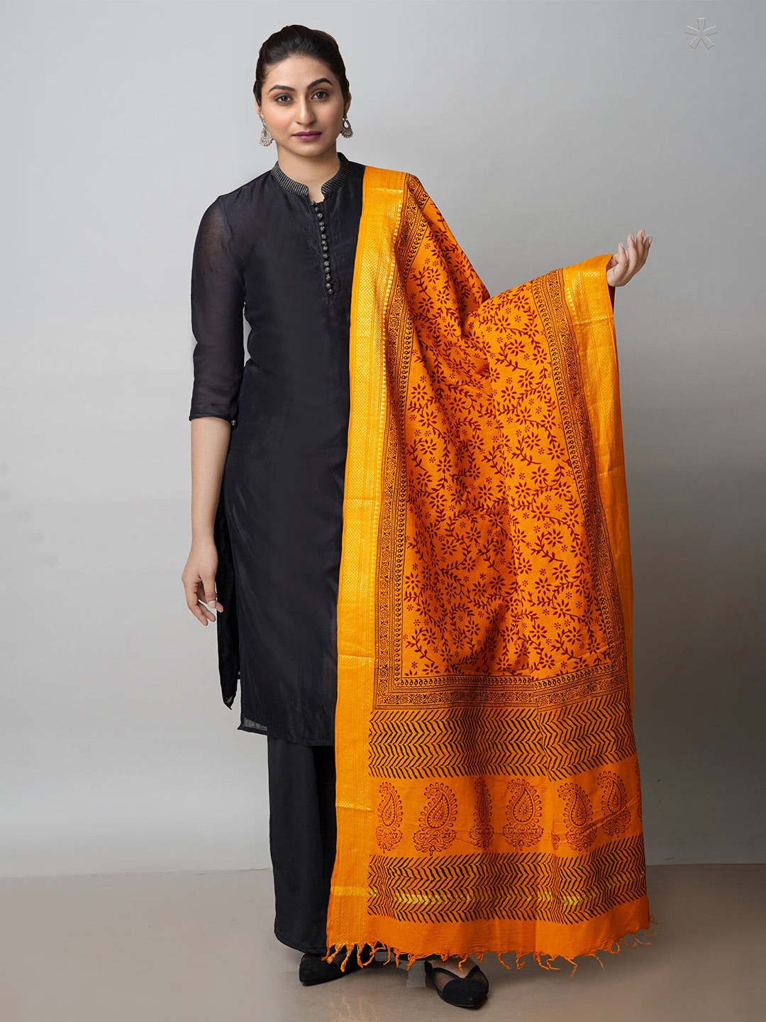 

Unnati Silks Ethnic Motifs Printed Sustainable Tasseled Cotton Dupatta, Orange