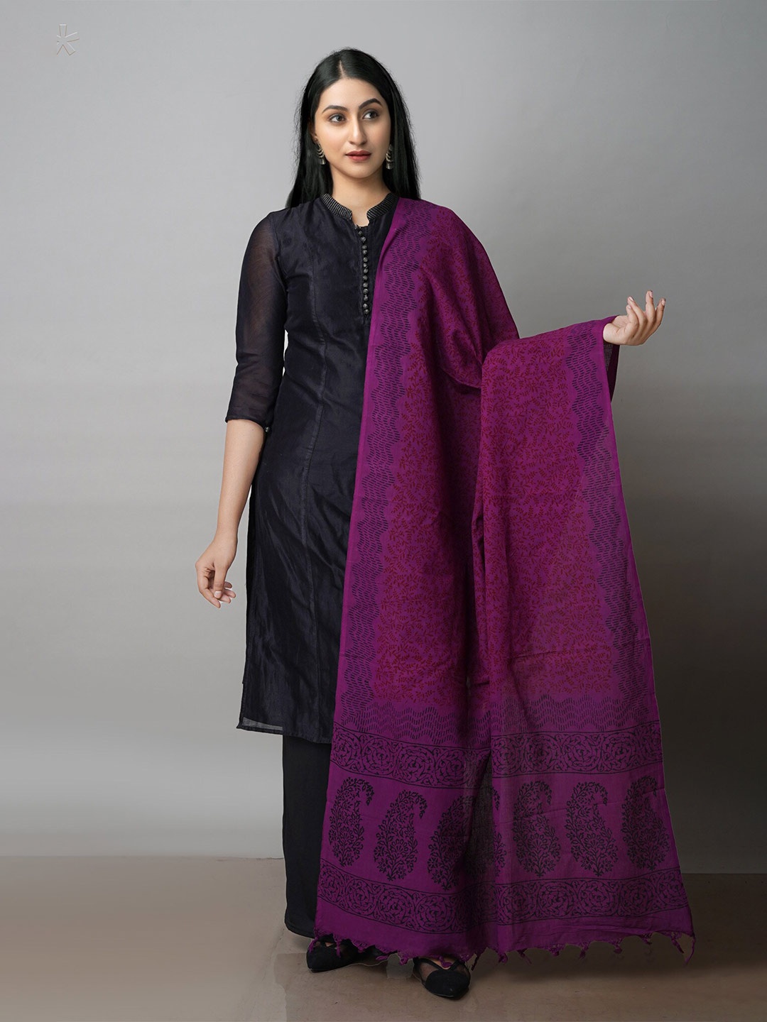 

Unnati Silks Ethnic Motifs Printed Sustainable Tasseled Cotton Dupatta, Purple
