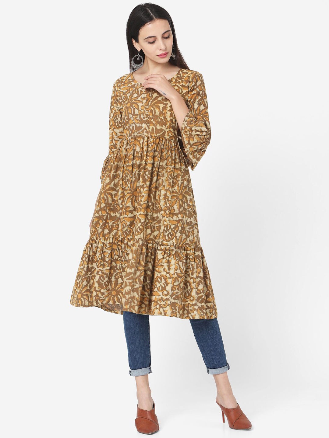 

Saanjh Brown & Beige Ethnic Motifs Printed Cotton Anarkali Kurta