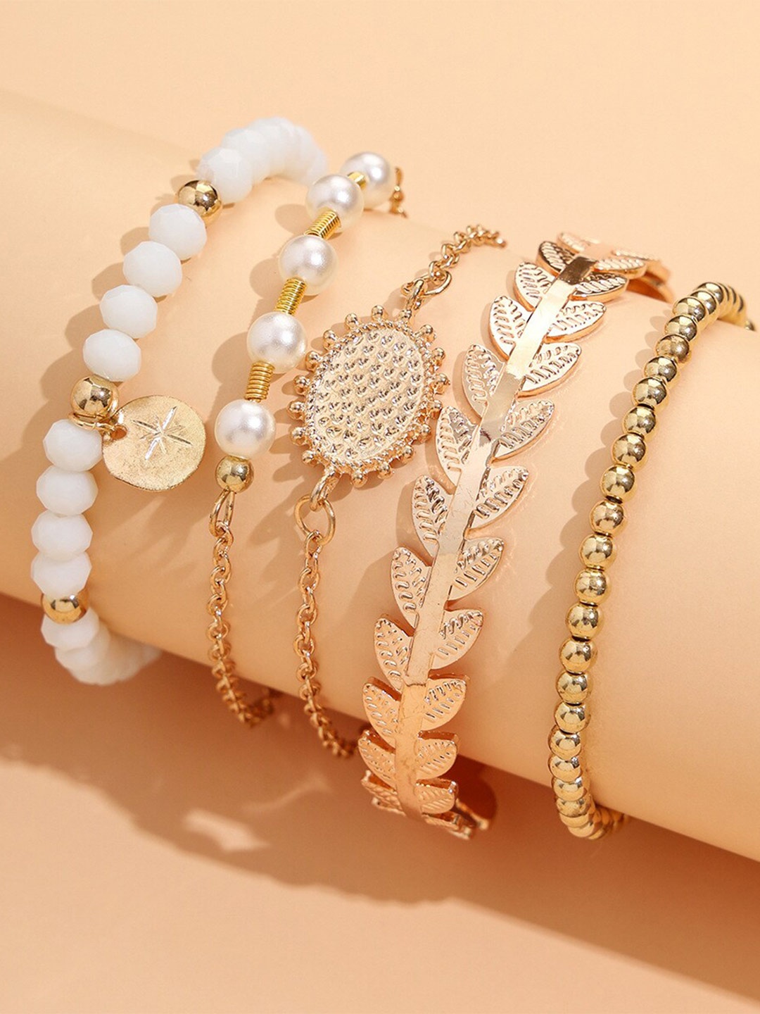 

Shining Diva Fashion Women Set Of 5 Pearls Gold-Plated Link Bracelet