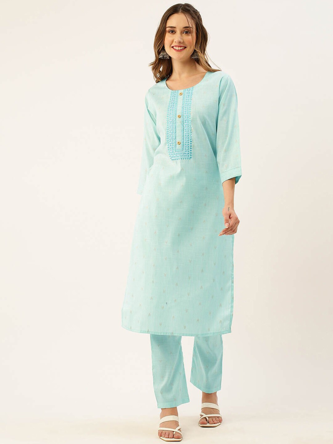 

ZOLA Blue Abstract Printed Regular Pure Cotton Kurti With Trousers