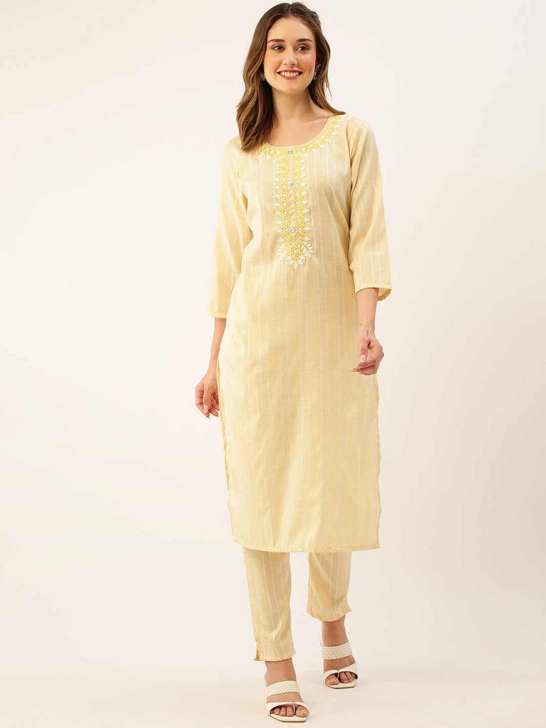 

ZOLA Yellow Striped Regular Gotta Patti Kurti With Trousers