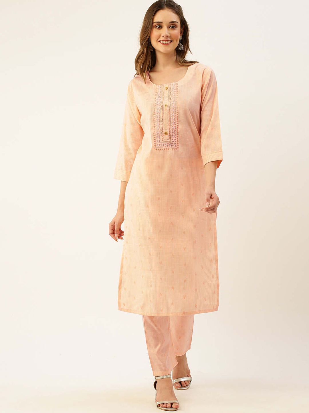 

ZOLA Peach-Coloured Woven Design Printed Regular Pure Cotton Kurta Set