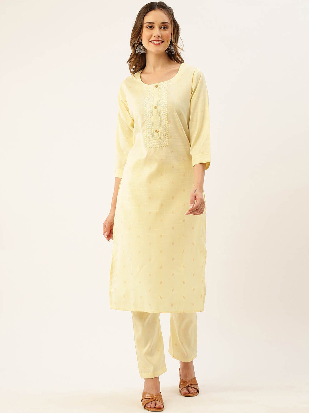 

ZOLA Yellow Geometric Printed Regular Pure Cotton Kurta With Trousers