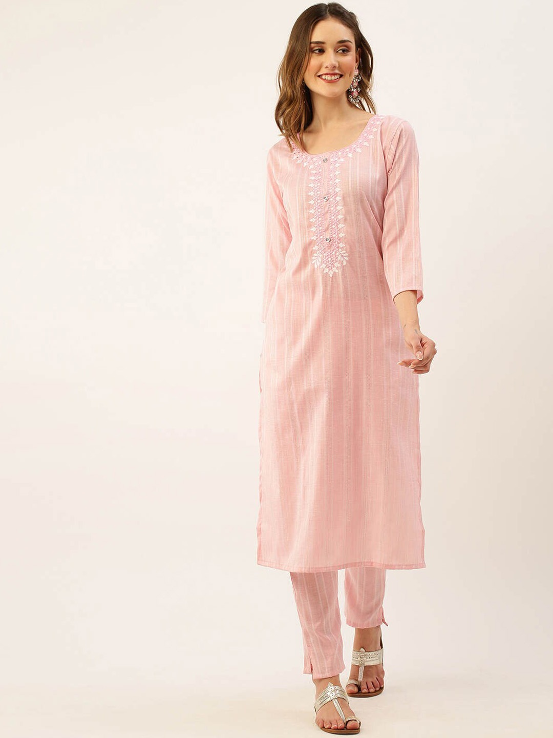 

ZOLA Pink Striped Regular Thread Work Kurta with Trousers