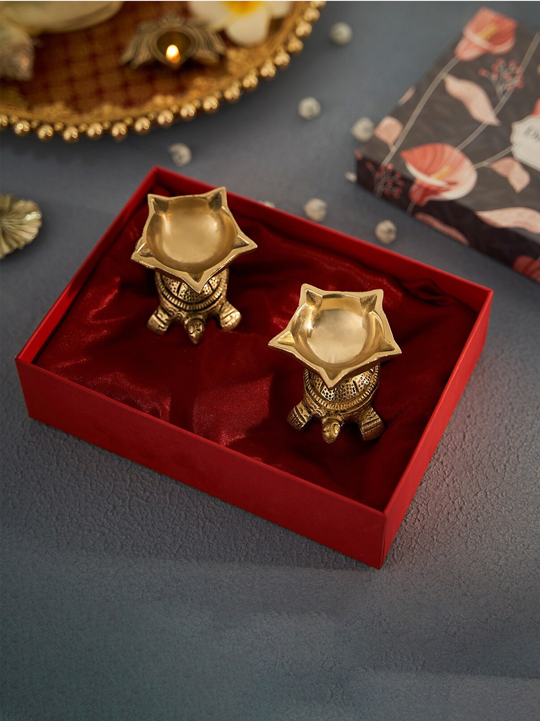 

DecorTwist 2 Pieces Gold-Plated Tortoise Panchmukhi Diya Showpieces