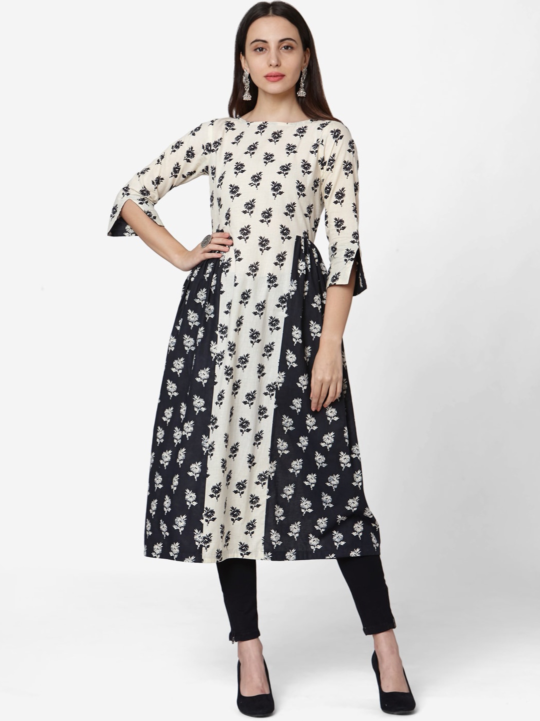 KALINI Floral Printed Cotton A-Line Kurta, Off white