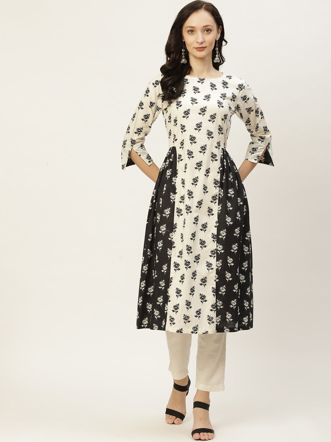 

KALINI Floral Printed Cotton A-Line Kurta, Off white