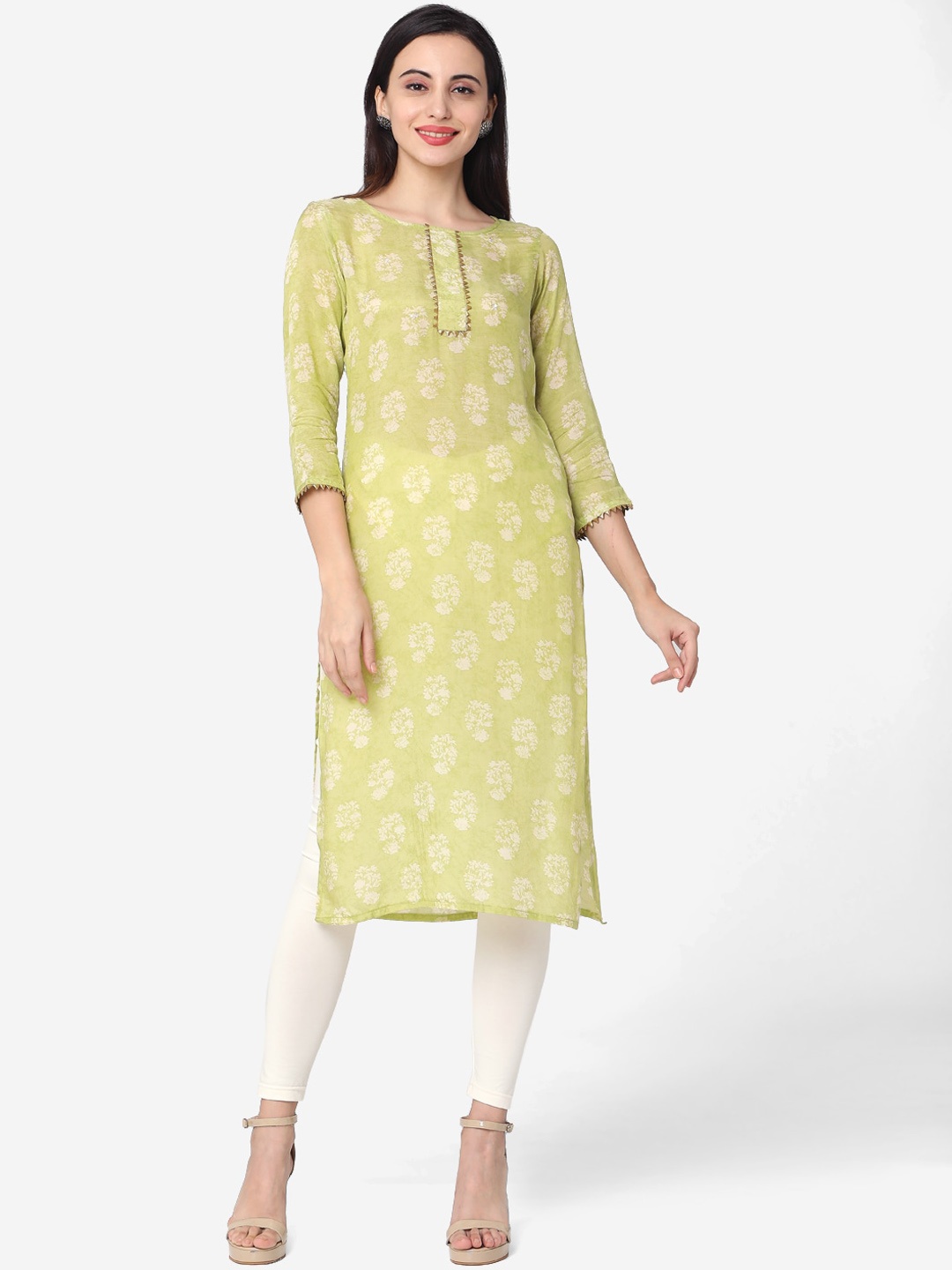 

Saanjh Green & White Floral Printed Gotta Patti Cotton Kurta