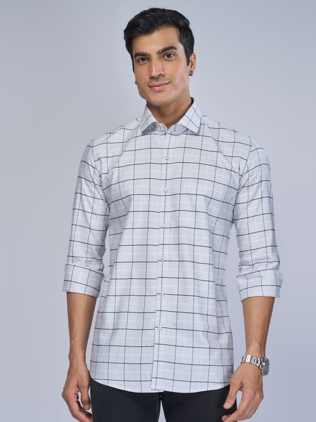 

MARK & ALBERT Slim Fit Tartan Checks Cotton Casual Shirt, Grey