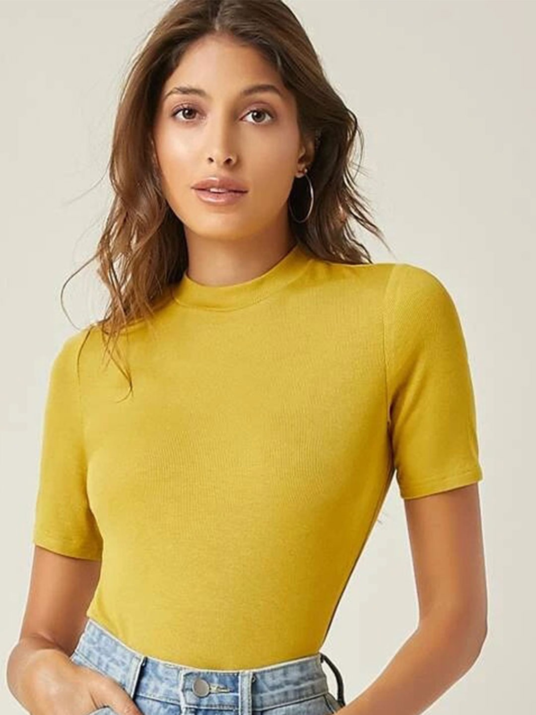 

KASHIAN Round Neck Fitted Cotton Top, Mustard