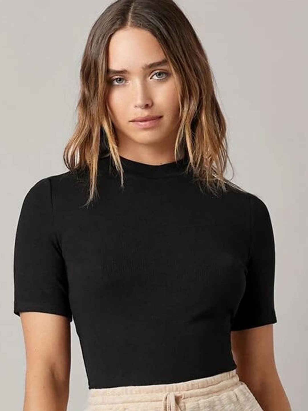 

KASHIAN High Neck Fitted Cotton Top, Black