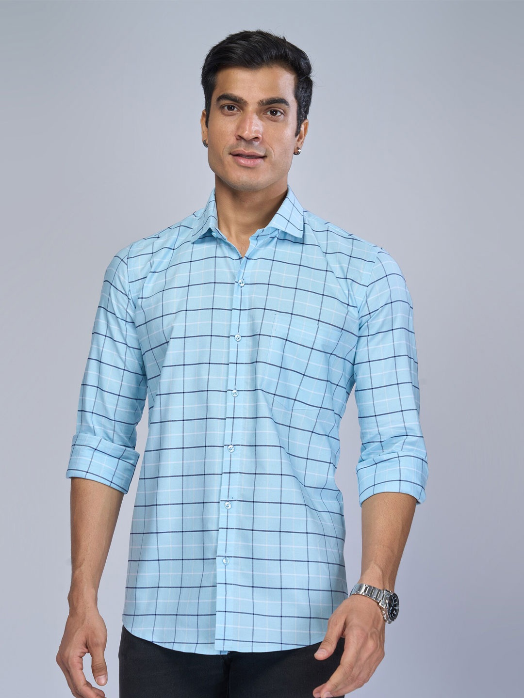 

MARK & ALBERT Spread Collar Checked Cotton Slim Fit Casual Shirt, Blue