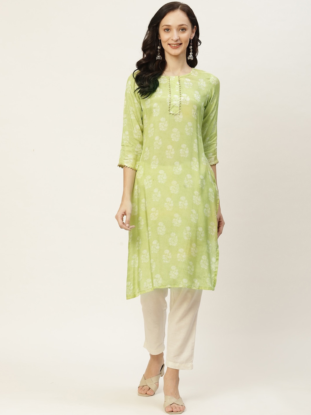 

KALINI Floral Printed Round Neck Gotta Patti Cotton A-Line Kurta, Green