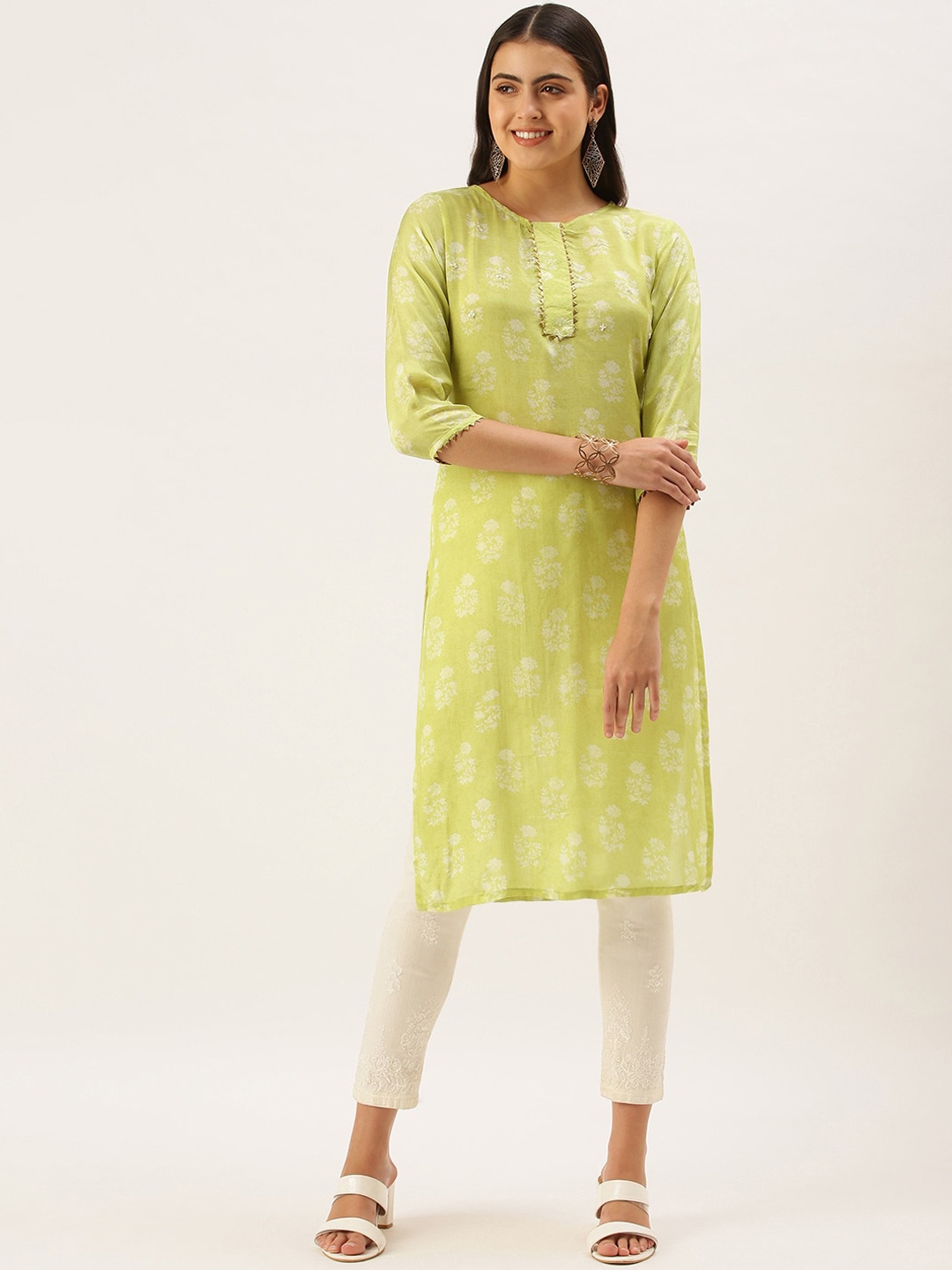 

KALINI Floral Printed With Gotta Patti Cotton Straight Kurta, Green