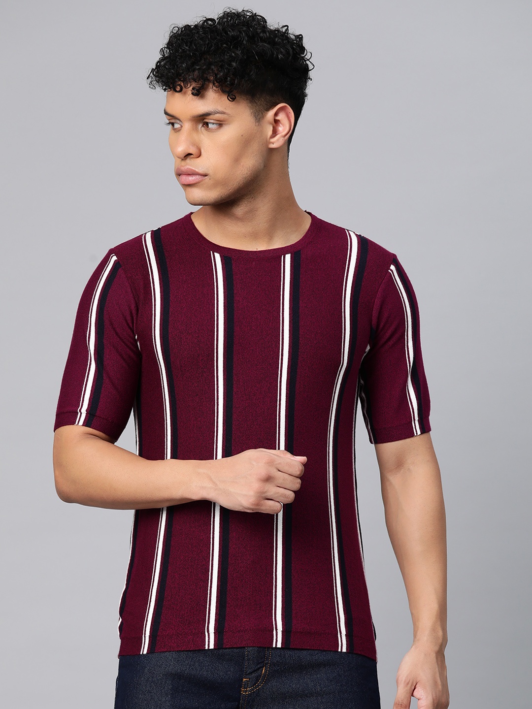 

Pierre Carlo Men Striped T-shirt, Burgundy