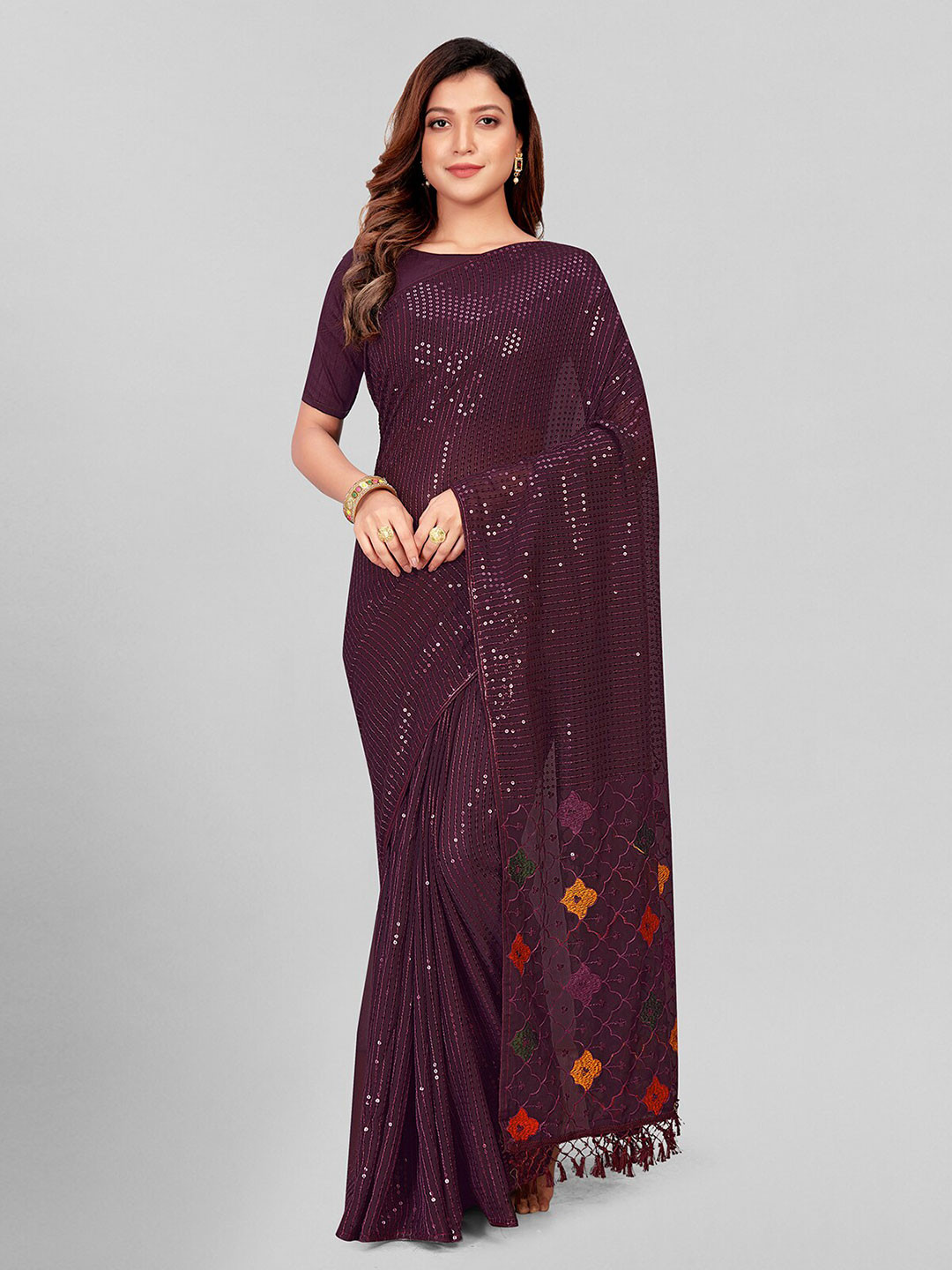 

KALINI Sequin Embellished Saree, Purple