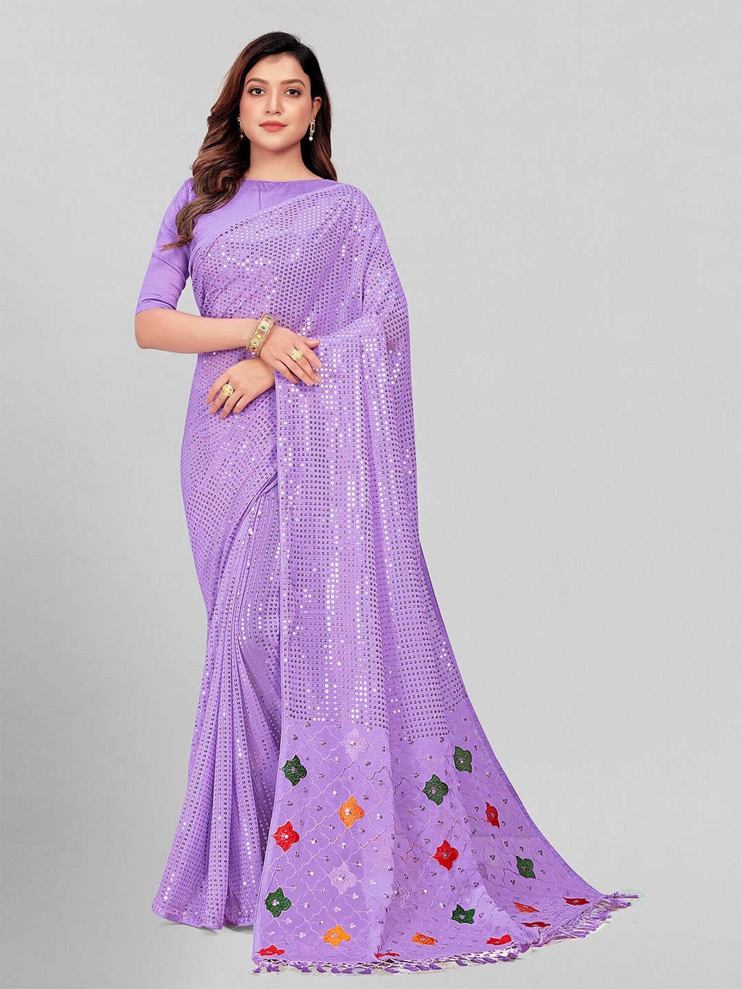 

KALINI Embellished Sequinned Pure Georgette Saree, Purple