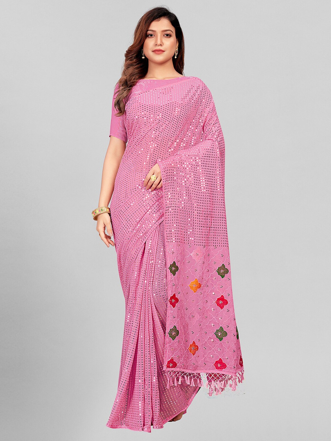 

KALINI Embellished Sequinned Pure Georgette Saree, Peach