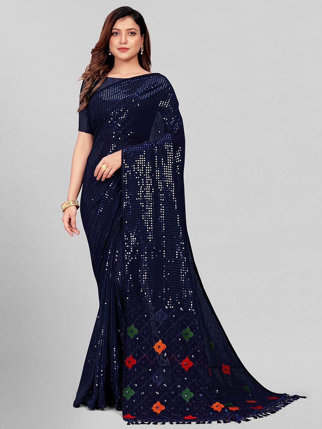 

KALINI Embellished Sequinned Pure Georgette Saree, Blue