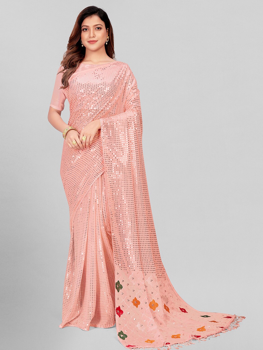 

KALINI Embellished Sequinned Pure Georgette Saree, Rose
