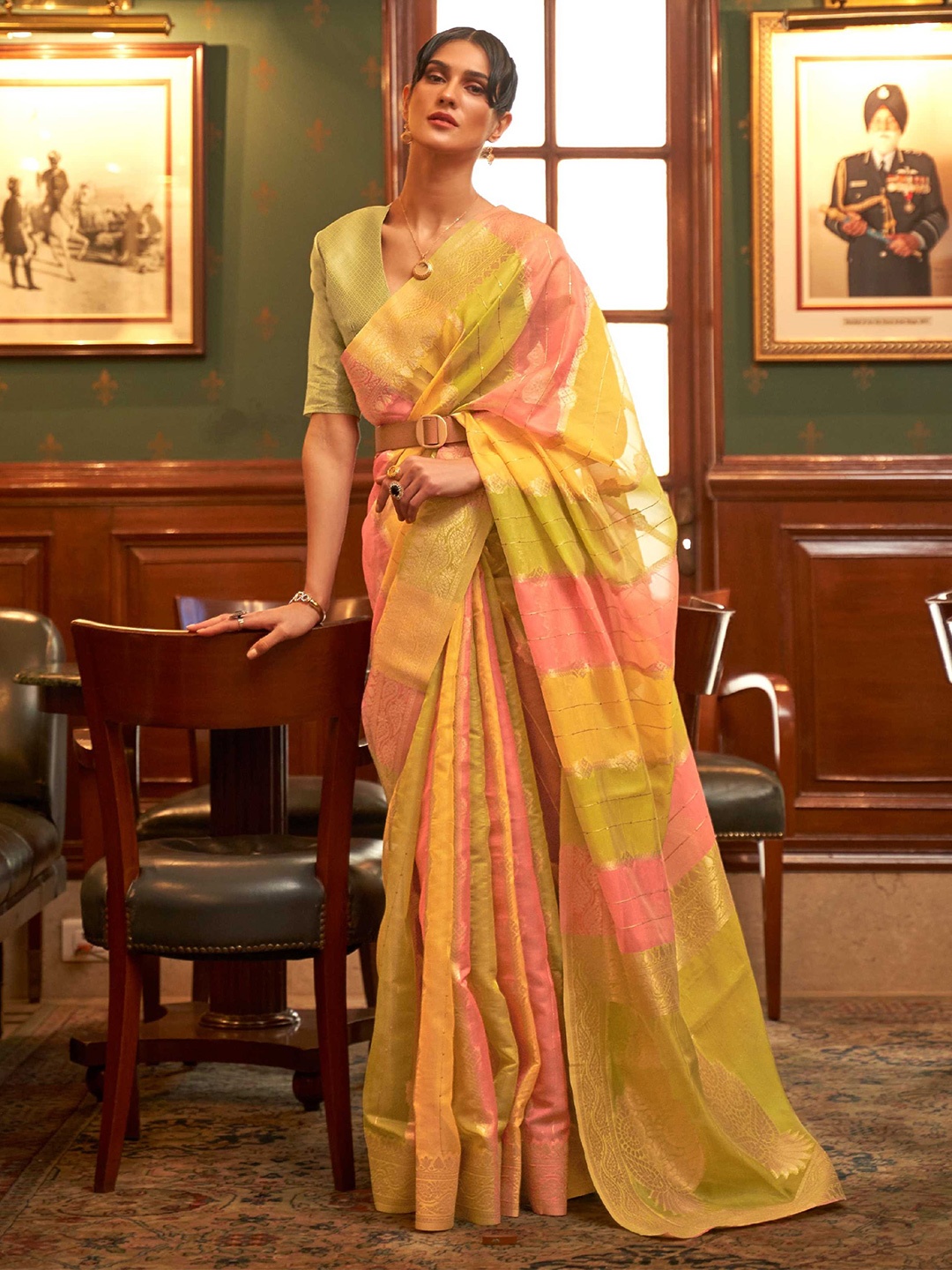 

Mitera Yellow & Pink Ethnic Motif Woven Design Zari Organza Banarasi Saree